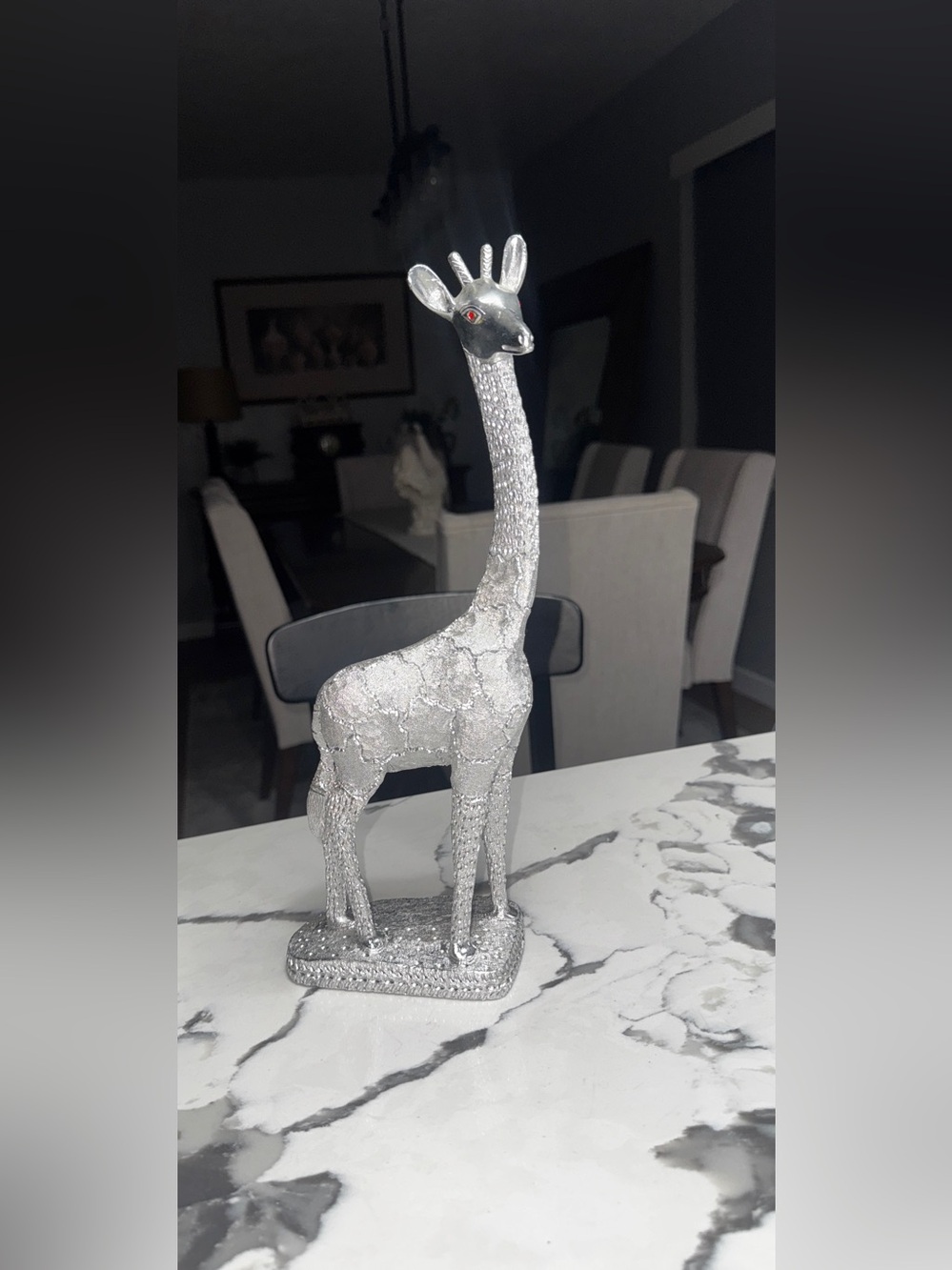 Vintage Made in India Silver Metal Giraffe Figurine 13” Red Jeweled Eyes